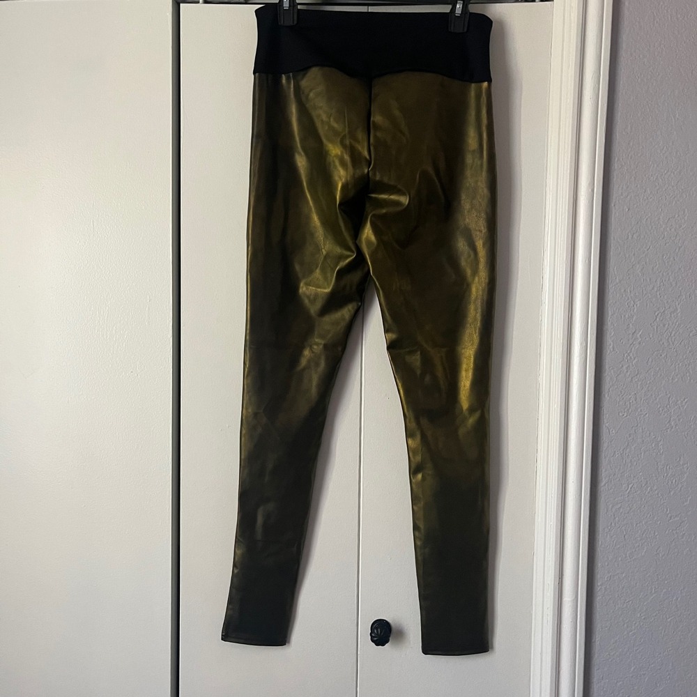 Assets Spanx Faux Leather Olive Gold Leggings L/G High‎ Waist Shiny